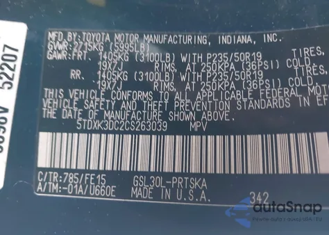 2012 Toyota Sienna Se 8 Passenger z USA, uszkodzony, nr VIN 5TDXK3DC2CS263039